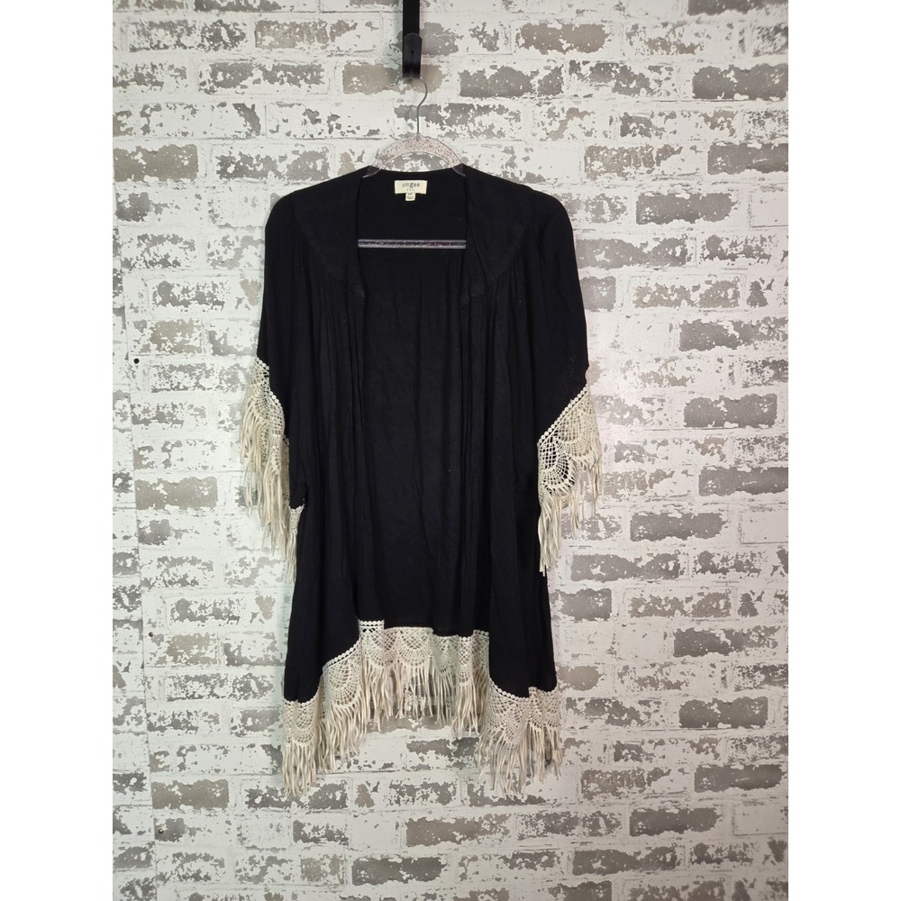 Boho Black Open Front Kimono M/L Lace‎ Fringe Whimsigoth Festival Gypsy
